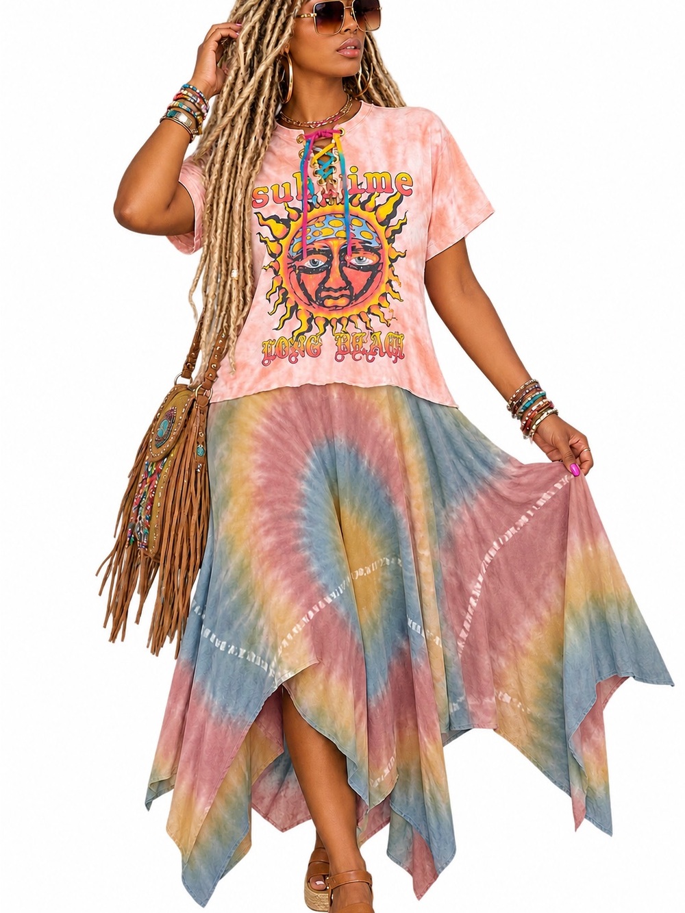 Bohemian Upcycle Tie-Dye Handkerchief Hem Maxi dress M/L Ptp 20
